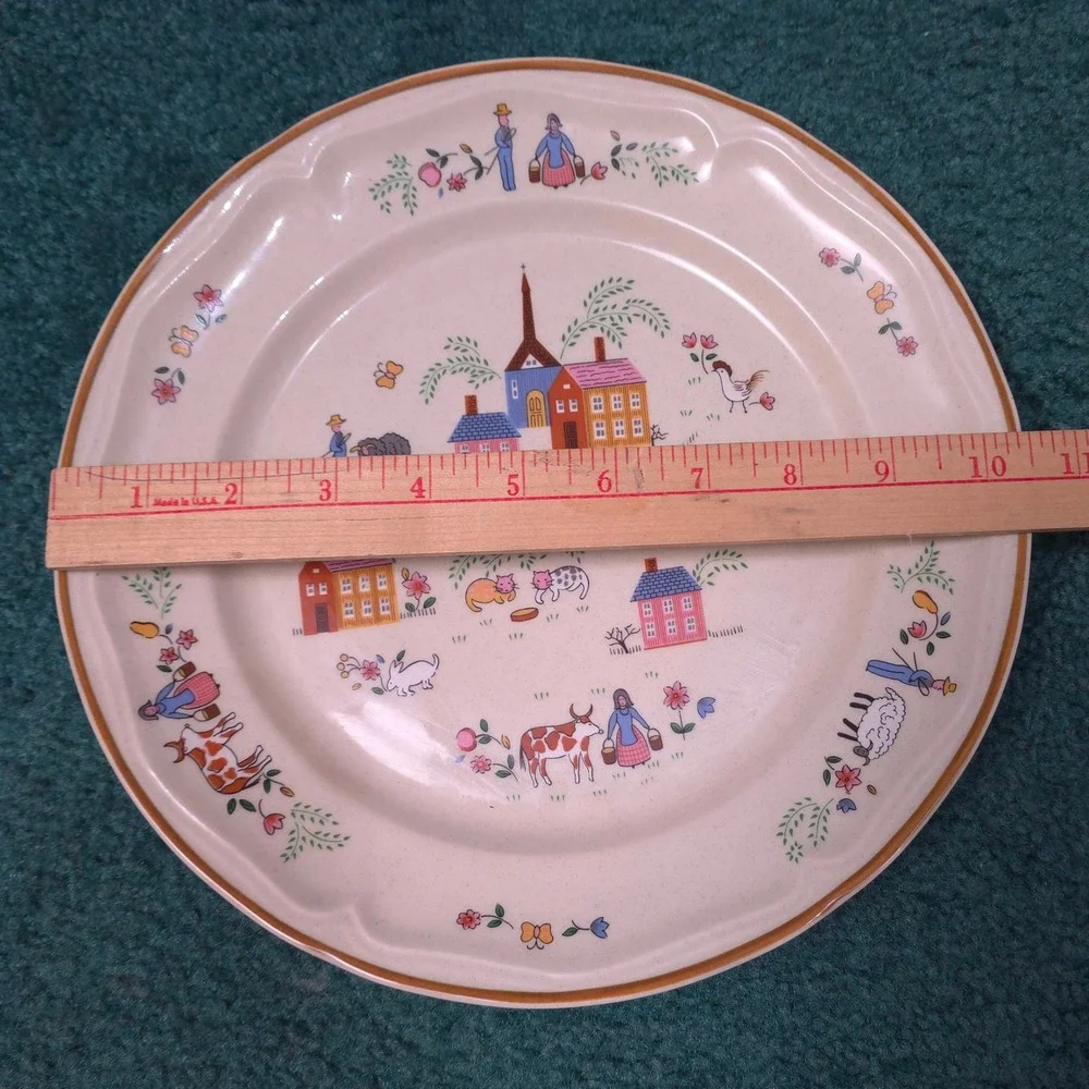 Vintage 1986 Newcor Our Country Stoneware Dinner Plates 6004 Set of 2 Folk Art